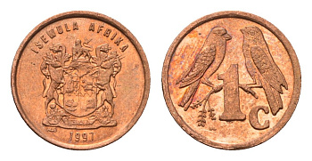ЮАР 1 цент 1997 герб, капские воробьи KM 170 сталь плакированная медью UNC 4694-223