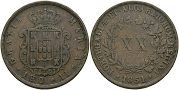 Португалия 20 реалов 1851 KM 482 медь 272-1343