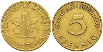 ФРГ 5 ПФЕННИГОВ 1970 J KM 107, J. 382 сталь плакированная латунью 4396-1634