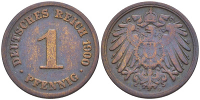 ГЕРМАНИЯ 1 ПФЕННИГ 1900 D KM 10, Jager. 10, Weege 2 медь 4528-1163