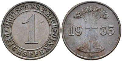 ГЕРМАНИЯ 1 РЕЙХСПФЕННИГ 1935 A KM 37, J. 313, Weege 2 бронза 4547-217