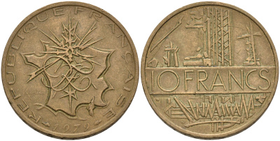 Франция 10 франков 1979 тип Матье KM 940, Le Franc 365.13-14 никель латунь  4599-1025