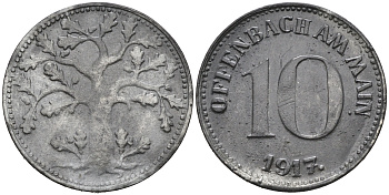 ОФЕНБАХ-НА-МАЙНЕ 10 ПФЕННИГОВ 1917 НОТГЕЛЬД железо 75-1548