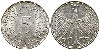 ФРГ 5 МАРОК 1970 J, KM 112.1, J. 387 серебро UNC 74-634