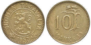 ФИНЛЯНДИЯ 10 МАРОК 1952 H, ПЕРВЫЙ ГОД ЧЕКАНА KM 38 алюминиевая бронза XF 3334-1011
