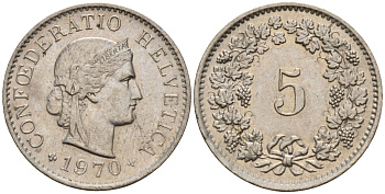 Швейцария 5 раппенов 1970 KM 26 медно-никель 4189-338