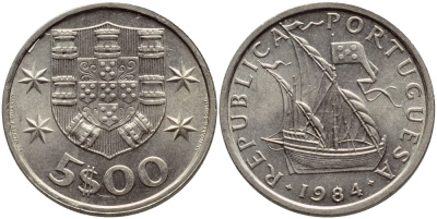 ПОРТУГАЛИЯ 5 ЭСКУДО 1984 ПАРУСНИК KM 591 медно-никель 4395-921