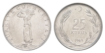 Турция 25 курушей 1969 KM 892.3 нержавеющая сталь 4648-715