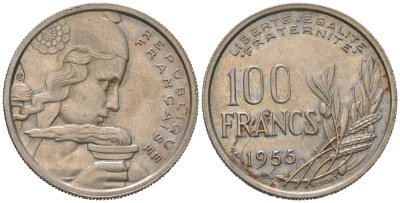 Франция 100 франков 1955 KM 919, Le Franc?450 медно-никель 4582-246