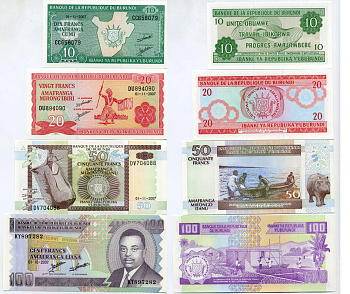 Бурунди 10, 20, 50 и 100 франков 2007 Pick 33e, 27d, 36g, 37f бумага UNC (пресс) 448-14-1-1