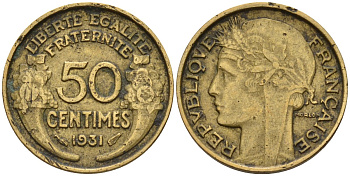 Франция 50 сантимов 1931 KM 894.1, Le Franc 192.15 алюминиевая бронза 4596-739