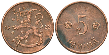 Финляндия 5 пенни 1922 KM 22 медь 4174-359