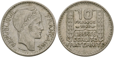 Франция 10 франков 1948 тип Пьер Турин KM 909.1, Le Franc 362.3 медно-никель 4120-1226