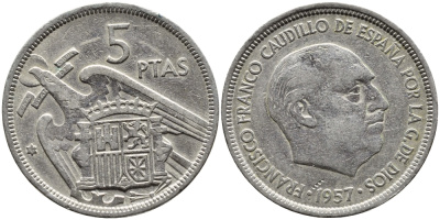 ИСПАНИЯ 5 ПЕСЕТ 1957 (58) ФРАНСИСКО ФРАНКО ДИКТАТОР ИСПАНИИ (1939-1975) KM 786 медно-никель 4393-232