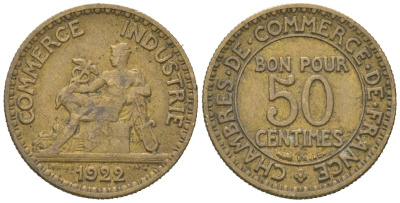 Франция 50 сантимов 1922 тип Chambre de Commerce KM 884, Le Franc 191.5 алюминиевая бронза 4615-651