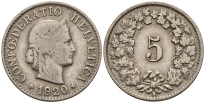 Швейцария 5 раппенов 1920 B KM 26 медно-никель 4189-322