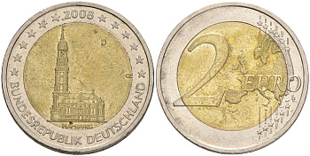 ФРГ 2 евро 2008 D, серия федеральные земли, церковь Св. Михаила в Гамбурге KM 261 биметалл 4556-743