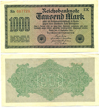 ГЕРМАНИЯ 1000 МАРОК 1922 15 СЕНТЯБРЯ 1922, ВОДЯНОЙ ЗНАК Н, БЕЛАЯ БУМАГА Pick 76f бумага 6289-47-1-1