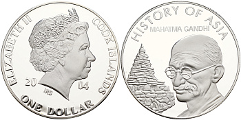 Острова Кука 1 доллар 2004 история Азии, Махатма Ганди KM 1156 медно-никель PROOF 01-234-33