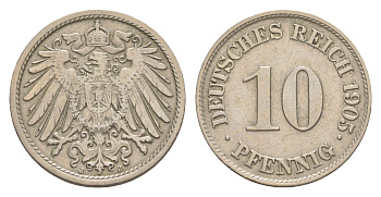 Германия 10 пфеннигов 1905 J, Вильгельм II (1888-1918) KM 12, J. 13 медно-никель 4640-262