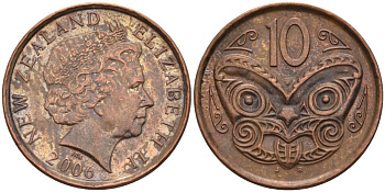 Новая Зеландия 10 центов 2006 маска Маори, Елизавета II (1952-) KM 117а сталь плакированная медью 186-521