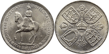 Великобритания 1 крона (5 шиллингов) 1953 коронация королевы Елизаветы, Елизавета II (1952-2022) Елизаветы KM 894, Spink 4136 медно-никель UNC 58-933