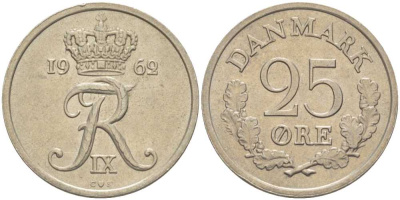 ДАНИЯ 25 ЭРЕ 1962 С; S, ФРЕДЕРИК IX (1947-1972) KM 850 медно-никель 67-1241