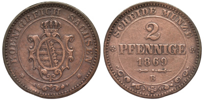Саксония 2 пфеннига 1869 В, Иоганн (1854-1873) KM 1217, Jaeger 121, AKS 155 медь 75-868