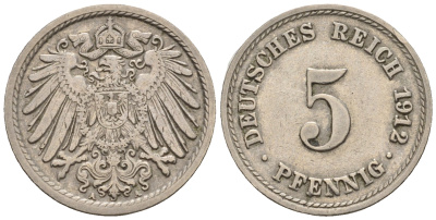 Германия 5 пфеннигов 1912 A, KM 11, J. 12 медно-никель 220-636