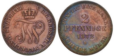 Мекленбург-Стрелиц 2 пфеннига 1872 B, Фридрих Франц II (1842-1883) KM 102, AKS 75 медь 4516-338