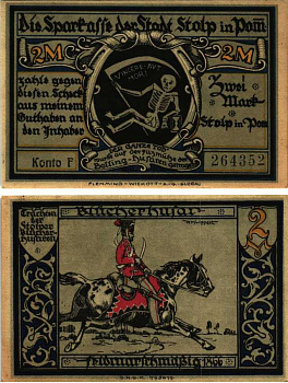 ШТОЛЬПЕ (СЛУЦК) 2 МАРКИ 1922 НОТГЕЛЬД, KONTO F, ПОЛЬША Grabowski 1275.3а бумага 7547-71-3-2