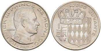 Монако 1/2 франка 1982 Ренье III (1949-2005) KM 145 никель 190-524