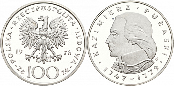 Польша 100 злотых 1976 MW, Казимир Пулавский (1747-1779) KM 84, Parchimowicz 275 серебро PROOF 1087-8-62