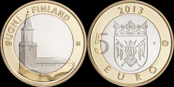Финляндия 5 евро 2013 исторические здания, исконная Финляндия, кафедральный собор в Турку KM 213 биметалл UNC M7-14