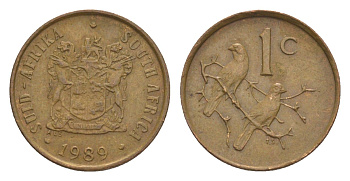 ЮАР 1 цент 1989 герб, капские воробьи KM 82 бронза 4608-561