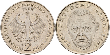 ФРГ 2 марки 1988 J, Франц Йозеф Штраус, 40 лет Федеративной Республике (1949-1989) KM 175, J. 450 медно-никель плакированный никелем 4157-341