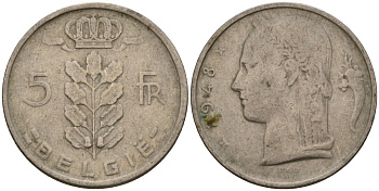 Бельгия 5 франков 1948 Belgie, Бодуэн I (1951-1993) KM 135 медно-никель 4397-424