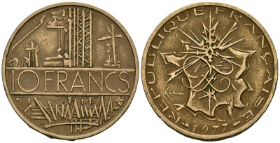 Франция 10 франков 1977 тип Матье KM 940, Le Franc 365.9-10 никель латунь 4120-626