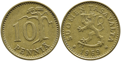 ФИНЛЯНДИЯ 10 ПЕННИ 1969 S KM 46 алюминиевая бронза 75-1631