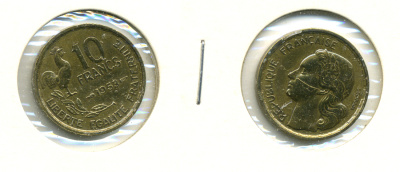 Франция 10 франков 1953 петух KM 915.1, Le Franc 363.8 алюминиевая бронза 4152-1243