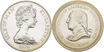 Остров Мэн 1 крона 1976 200 лет независимости США, Джордж Вашингтон KM 37a серебро UNC 02-208-35