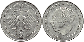 ФРГ 2 марки 1981 J, Теодор Хойс KM 127, J. 407 медно-никель плакированный никелем 85-1124