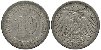 ГЕРМАНИЯ 10 ПФЕННИГОВ 1893 E KM 12, Jager 13, Weege 8 медно-никель 4382-1042