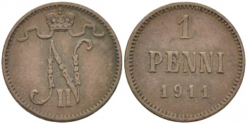 Россия для Финляндии 1 пенни 1911 Николай II (1894-1917) KM 13, Биткин 471 медь 4396-1335