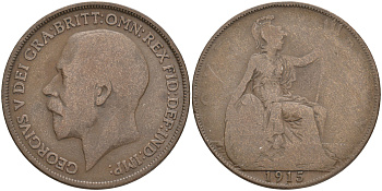 Великобритания 1 пенни 1915 Георг V (1910-1936) KM 810, Spink 4051 бронза 4557-944