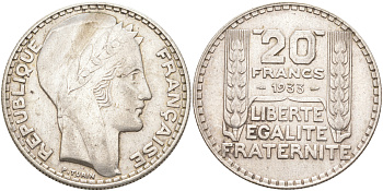 Франция 20 франков 1933 Пьер Тюрен KM 879, Le Franc 400.3 серебро 443-733