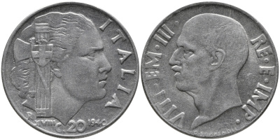 ИТАЛИЯ 20 ЧЕНТЕЗИМО 1940 R, ВИКТОР ИМАНУИЛ, XXII ГОД, МАГНИТНАЯ KM 75b нержавеющая сталь 85-614