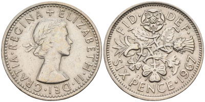 Великобритания 6 пенсов 1967 Елизавета II (1952-2022) KM 903, Spink 4149 медно-никель    4152-1214