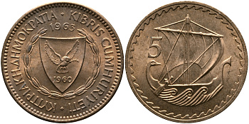 Кипр 5 милсов 1963 парусник KM 39 бронза aUNC 33-747