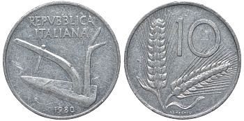 Италия 10 лир 1980 R, колосья KM 93 алюминий 4543-437